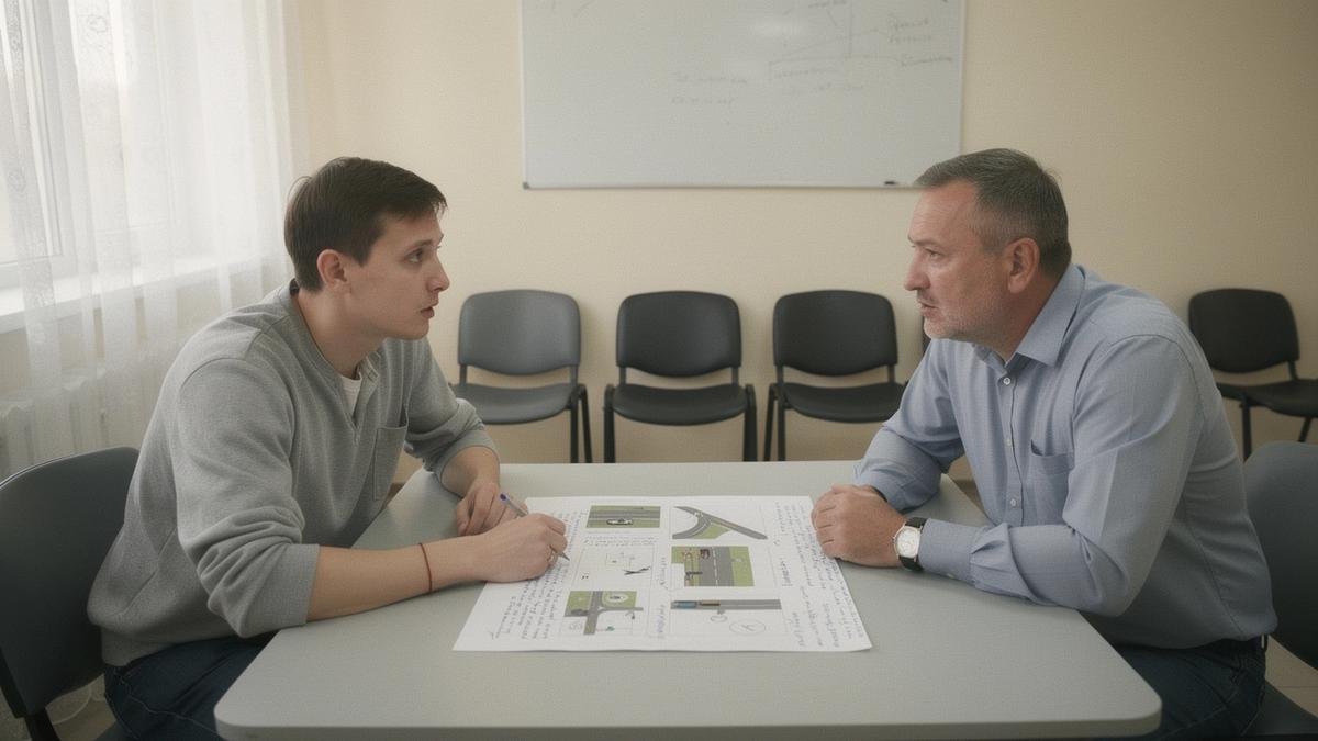 Instructor reviewing a hazard replay sheet with a driver at a Kyiv training room table